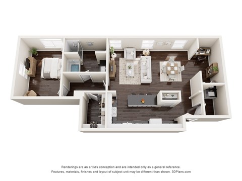 Floor plan for 1 bed, 1.5 baths, 975 sqft
